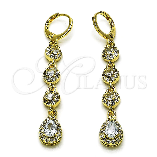 Oro Laminado Long Earring, Gold Filled Style Teardrop and Cluster Design, with White Cubic Zirconia, Polished, Golden Finish, 02.323.0111