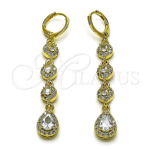 Oro Laminado Long Earring, Gold Filled Style Teardrop and Cluster Design, with White Cubic Zirconia, Polished, Golden Finish, 02.323.0111