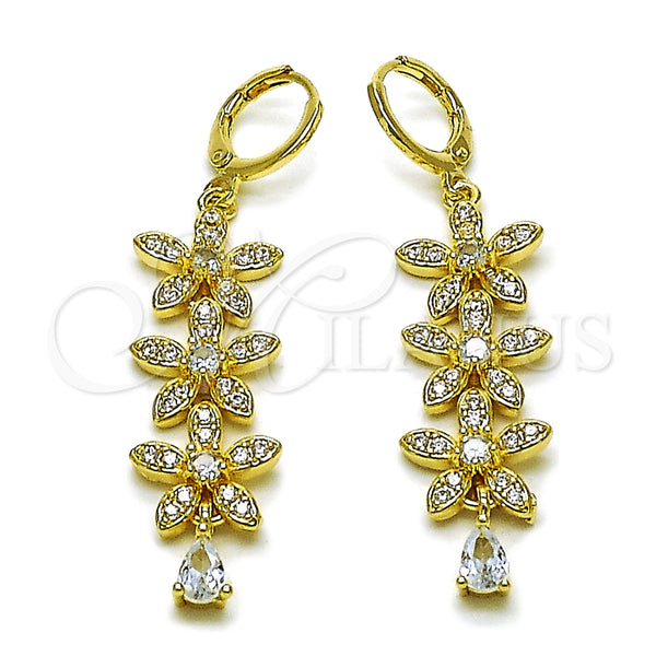 Oro Laminado Long Earring, Gold Filled Style Flower and Teardrop Design, with White Cubic Zirconia, Polished, Golden Finish, 02.323.0113