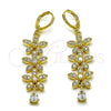 Oro Laminado Long Earring, Gold Filled Style Flower and Teardrop Design, with White Cubic Zirconia, Polished, Golden Finish, 02.323.0113