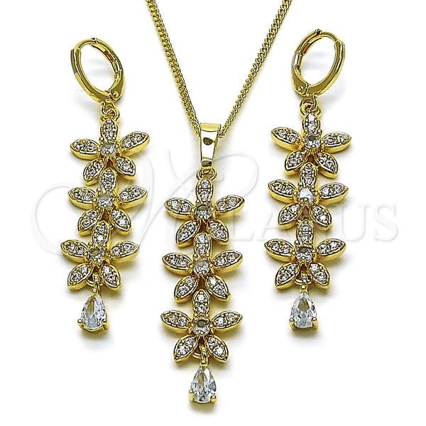 Oro Laminado Earring and Pendant Adult Set, Gold Filled Style Flower and Teardrop Design, with White Cubic Zirconia, Polished, Golden Finish, 10.323.0003