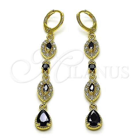 Oro Laminado Long Earring, Gold Filled Style Teardrop and Cluster Design, with Black and White Cubic Zirconia, Polished, Golden Finish, 02.323.0114