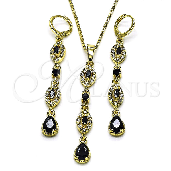 Oro Laminado Earring and Pendant Adult Set, Gold Filled Style Teardrop and Cluster Design, with Black and White Cubic Zirconia, Polished, Golden Finish, 10.323.0004