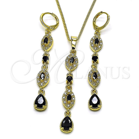 Oro Laminado Earring and Pendant Adult Set, Gold Filled Style Teardrop and Cluster Design, with Black and White Cubic Zirconia, Polished, Golden Finish, 10.323.0004