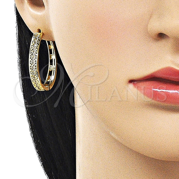 Gold Filled Hoop Earrings — Huggie Hoop Filigree Design with White Micro Pave — alternate product view — SKU 162855 | Oro Laminado aretes de aro — Huggie Hoop Filigree diseño with blanco Micro Pave — SKU 162855