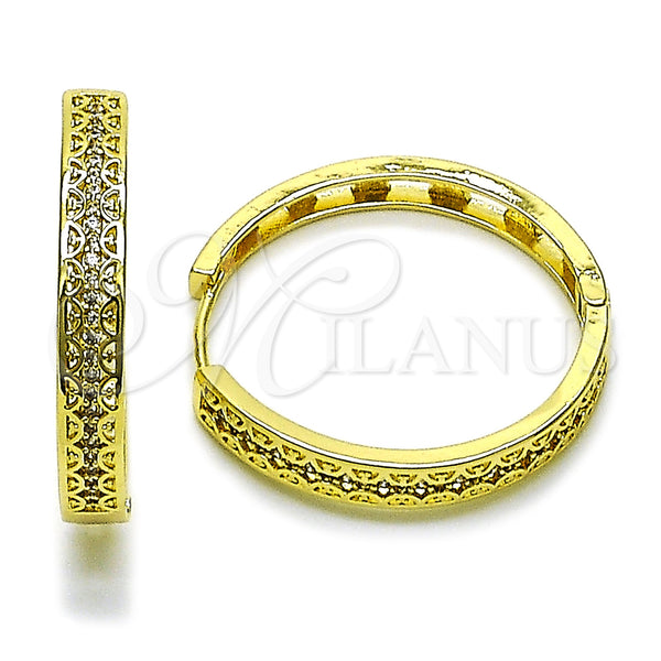 Gold Filled Hoop Earrings — Huggie Hoop Filigree Design with White Micro Pave — main product view — SKU 162855 | Oro Laminado aretes de aro — Huggie Hoop Filigree diseño with blanco Micro Pave — SKU 162855