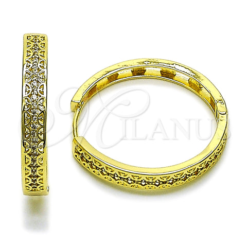 Oro Laminado Huggie Hoop, Gold Filled Style Filigree Design, with White Micro Pave, Polished, Golden Finish, 02.237.0037.30