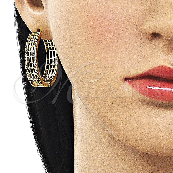 Gold Filled Hoop Earrings — Huggie Hoop Filigree Design with White Micro Pave — alternate product view — SKU 162858 | Oro Laminado aretes de aro — Huggie Hoop Filigree diseño with blanco Micro Pave — SKU 162858