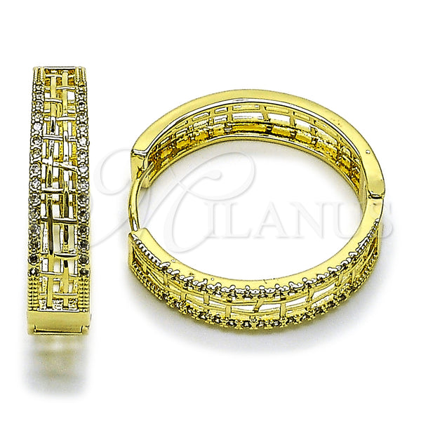 Gold Filled Hoop Earrings — Huggie Hoop Filigree Design with White Micro Pave — main product view — SKU 162858 | Oro Laminado aretes de aro — Huggie Hoop Filigree diseño with blanco Micro Pave — SKU 162858