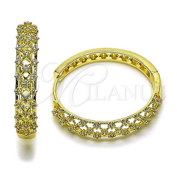 Gold Filled Hoop Earrings — Huggie Hoop Filigree Design with White Cubic Zirconia — main product view — SKU 162860 | Oro Laminado aretes de aro — Huggie Hoop Filigree diseño with blanco Cubic Zirconia — SKU 162860