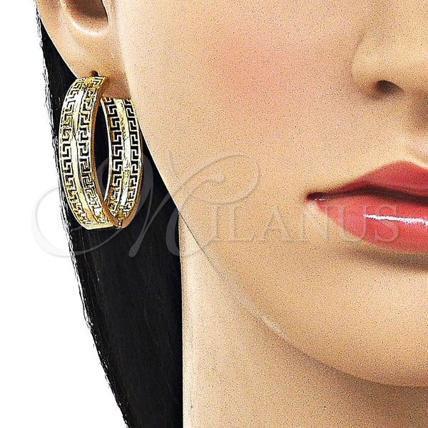 Gold Filled Hoop Earrings — Huggie Hoop Greek Key Design Polished 02. — alternate product view — SKU 162863 | Oro Laminado aretes de aro — Huggie Hoop Greek Key diseño pulido 02. — SKU 162863