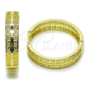 Gold Filled Hoop Earrings — Huggie Hoop Greek Key Design Polished 02. — main product view — SKU 162863 | Oro Laminado aretes de aro — Huggie Hoop Greek Key diseño pulido 02. — SKU 162863
