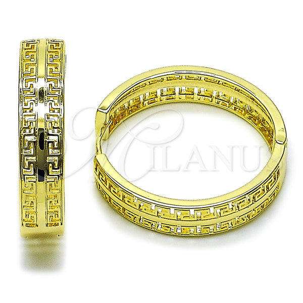 Gold Filled Hoop Earrings — Huggie Hoop Greek Key Design Polished 02. — main product view — SKU 162863 | Oro Laminado aretes de aro — Huggie Hoop Greek Key diseño pulido 02. — SKU 162863