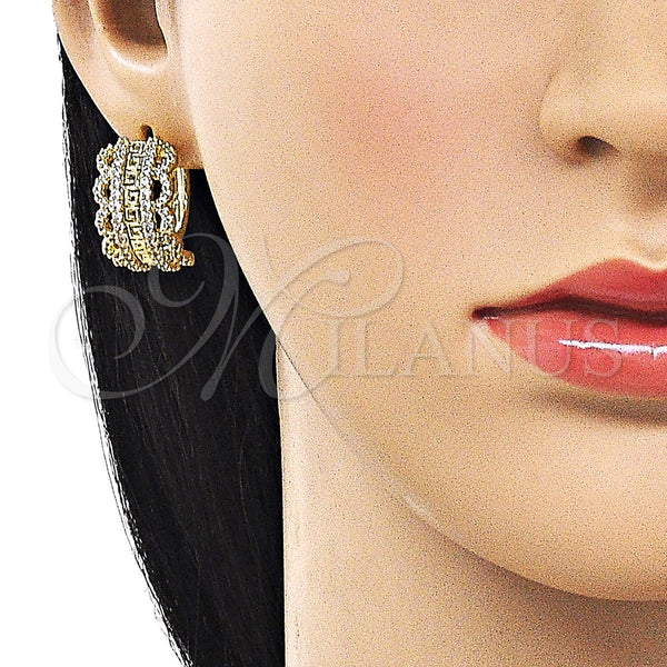 Gold Filled Hoop Earrings — Huggie Hoop Greek Key Design with White Cubic — alternate product view — SKU 162872 | Oro Laminado aretes de aro — Huggie Hoop Greek Key diseño with blanco Cubic — SKU 162872