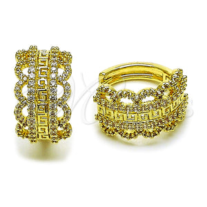 Gold Filled Hoop Earrings — Huggie Hoop Greek Key Design with White Cubic — main product view — SKU 162872 | Oro Laminado aretes de aro — Huggie Hoop Greek Key diseño with blanco Cubic — SKU 162872