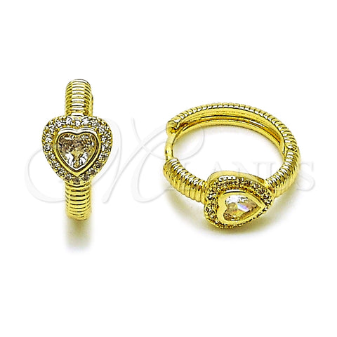 Oro Laminado Huggie Hoop, Gold Filled Style Heart and Cluster Design, with White Cubic Zirconia and White Micro Pave, Polished, Golden Finish, 02.266.0064.20