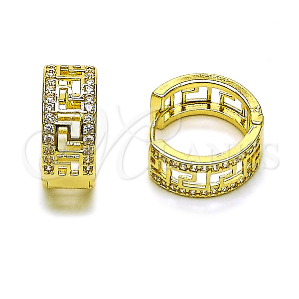 Oro Laminado Huggie Hoop, Gold Filled Style Greek Key Design, with White Cubic Zirconia, Polished, Golden Finish, 02.283.0362.18
