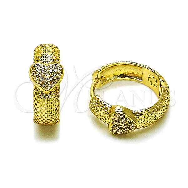 Oro Laminado Huggie Hoop, Gold Filled Style Heart Design, with White Micro Pave, Diamond Cutting Finish, Golden Finish, 02.283.0363.20