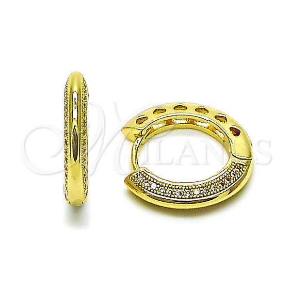 Gold Filled Hoop Earrings — Huggie Hoop Heart Design with White Micro Pave — main product view — SKU 162904 | Oro Laminado aretes de aro — Huggie Hoop corazón diseño with blanco Micro Pave — SKU 162904