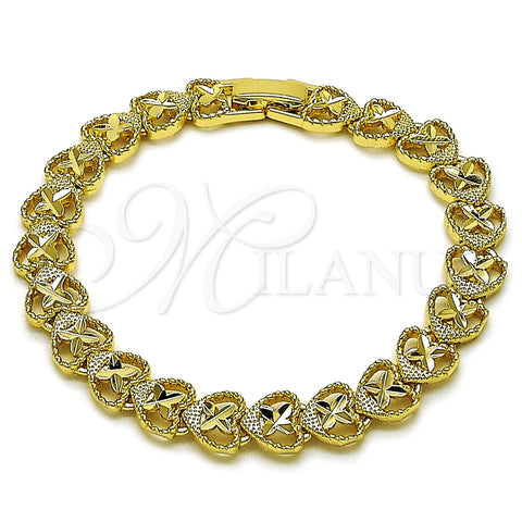 Oro Laminado Solid Bracelet, Gold Filled Style Heart Design, Diamond Cutting Finish, Golden Finish, 03.213.0409.07