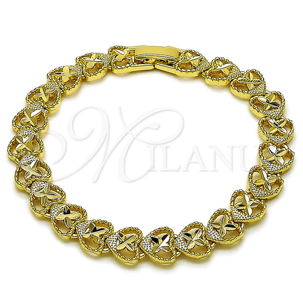Oro Laminado Solid Bracelet, Gold Filled Style Heart Design, Diamond Cutting Finish, Golden Finish, 03.213.0409.07 (Thickness, 7 Inches Length)
