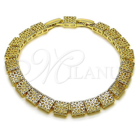 Oro Laminado Solid Bracelet, Gold Filled Style Flower and Filigree Design, Polished, Golden Finish, 03.213.0411.08 (Thickness, 8 Inches Length)