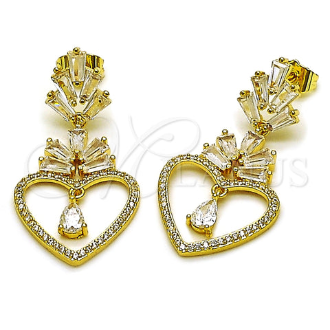 Oro Laminado Long Earring, Gold Filled Style Heart and Baguette Design, with White Cubic Zirconia and White Micro Pave, Polished, Golden Finish, 02.282.0105