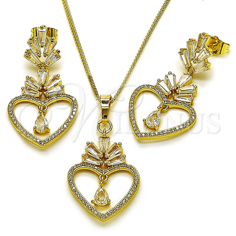 Oro Laminado Earring and Pendant Adult Set, Gold Filled Style Heart and Baguette Design, with White Cubic Zirconia and White Micro Pave, Polished, Golden Finish, 10.282.0016
