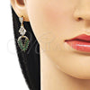 Oro Laminado Long Earring, Gold Filled Style Leaf and Baguette Design, with Green and White Cubic Zirconia, Polished, Golden Finish, 02.282.0107