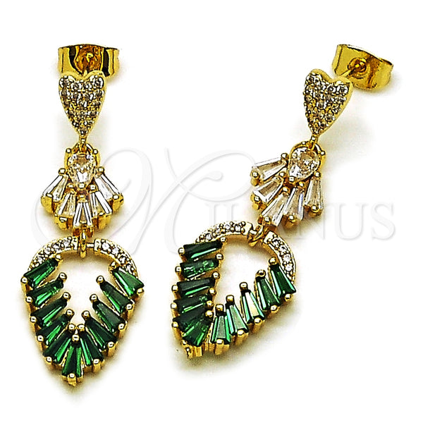 Oro Laminado Long Earring, Gold Filled Style Leaf and Baguette Design, with Green and White Cubic Zirconia, Polished, Golden Finish, 02.282.0107