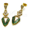 Oro Laminado Long Earring, Gold Filled Style Leaf and Baguette Design, with Green and White Cubic Zirconia, Polished, Golden Finish, 02.282.0107