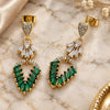 Oro Laminado Long Earring, Gold Filled Style Leaf and Baguette Design, with Green and White Cubic Zirconia, Polished, Golden Finish, 02.282.0107