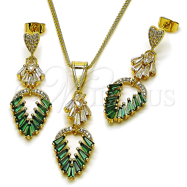 Oro Laminado Earring and Pendant Adult Set, Gold Filled Style Leaf and Heart Design, with Green and White Cubic Zirconia, Polished, Golden Finish, 10.282.0018