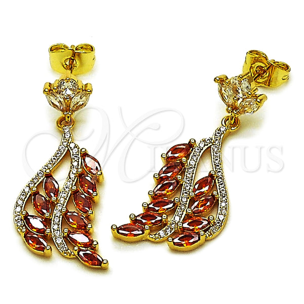 Oro Laminado Long Earring, Gold Filled Style with Garnet Cubic Zirconia and White Micro Pave, Polished, Golden Finish, 02.282.0108