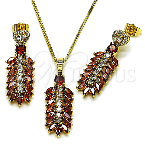 Oro Laminado Earring and Pendant Adult Set, Gold Filled Style Leaf and Heart Design, with Garnet and White Cubic Zirconia, Polished, Golden Finish, 10.282.0020