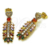 Oro Laminado Long Earring, Gold Filled Style Leaf and Heart Design, with Multicolor and White Cubic Zirconia, Polished, Golden Finish, 02.282.0109.1