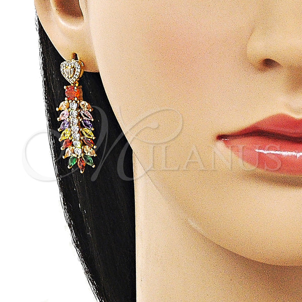 Gold Filled Ring — Long Earring Leaf and Heart Design with Multicolor — alternate product view — SKU 162947 | Oro Laminado anillo — largo Earring Leaf and corazón diseño with Multicolor — SKU 162947