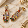 Oro Laminado Long Earring, Gold Filled Style Leaf and Heart Design, with Multicolor and White Cubic Zirconia, Polished, Golden Finish, 02.282.0109.1