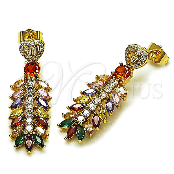 Gold Filled Ring — Long Earring Leaf and Heart Design with Multicolor — main product view — SKU 162947 | Oro Laminado anillo — largo Earring Leaf and corazón diseño with Multicolor — SKU 162947