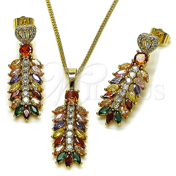 Oro Laminado Earring and Pendant Adult Set, Gold Filled Style Leaf and Heart Design, with White Cubic Zirconia and White Micro Pave, Polished, Golden Finish, 10.282.0020.1