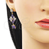 Oro Laminado Long Earring, Gold Filled Style Flower Design, with Amethyst and White Cubic Zirconia, Polished, Golden Finish, 02.282.0110