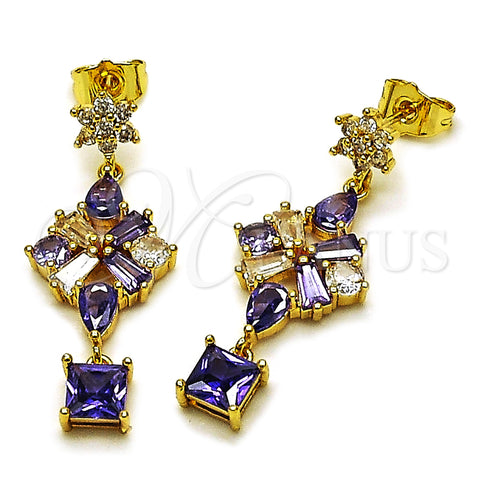 Oro Laminado Long Earring, Gold Filled Style Flower Design, with Amethyst and White Cubic Zirconia, Polished, Golden Finish, 02.282.0110