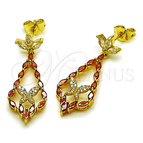 Oro Laminado Long Earring, Gold Filled Style Teardrop and Butterfly Design, with Garnet Cubic Zirconia and White Micro Pave, Polished, Golden Finish, 02.282.0111