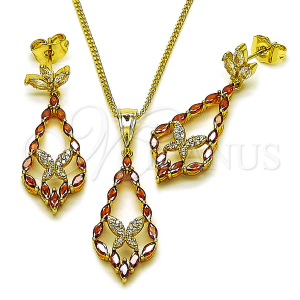Oro Laminado Earring and Pendant Adult Set, Gold Filled Style Teardrop and Butterfly Design, with Garnet Cubic Zirconia and White Micro Pave, Polished, Golden Finish, 10.282.0022