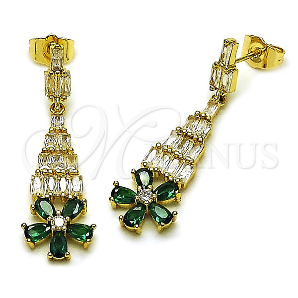 Oro Laminado Long Earring, Gold Filled Style Flower and Baguette Design, with Green and White Cubic Zirconia, Polished, Golden Finish, 02.282.0113