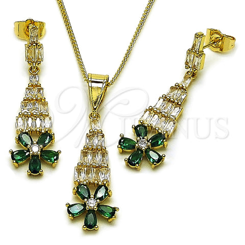 Oro Laminado Earring and Pendant Adult Set, Gold Filled Style Flower and Baguette Design, with Green and White Cubic Zirconia, Polished, Golden Finish, 10.282.0023