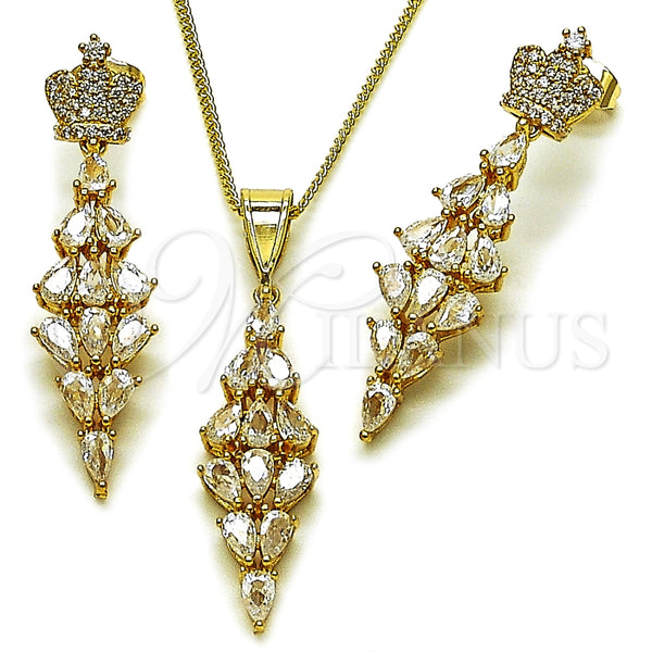 Oro Laminado Earring and Pendant Adult Set, Gold Filled Style Crown and Teardrop Design, with White Cubic Zirconia, Polished, Golden Finish, 10.282.0024