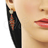 Oro Laminado Long Earring, Gold Filled Style Crown and Teardrop Design, with Garnet and White Cubic Zirconia, Polished, Golden Finish, 02.282.0114.1