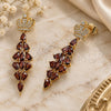 Oro Laminado Long Earring, Gold Filled Style Crown and Teardrop Design, with Garnet and White Cubic Zirconia, Polished, Golden Finish, 02.282.0114.1