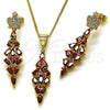 Oro Laminado Earring and Pendant Adult Set, Gold Filled Style Crown and Teardrop Design, with Garnet and White Cubic Zirconia, Polished, Golden Finish, 10.282.0024.1